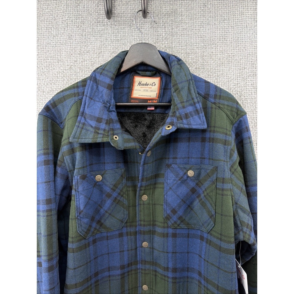 Hawke & Co Jacket Men's‎ Medium Blue Faux Fur Lined Plaid Flannel Shacket New